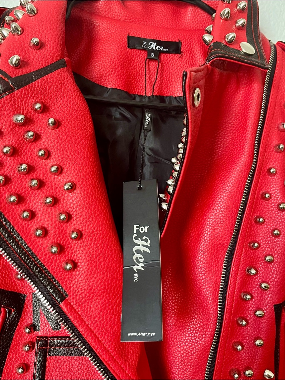 Studded Red Leather Biker Jacket with Belt - Women's Fashion - Picture 13 of 16